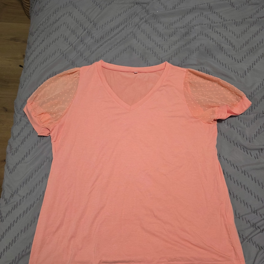 Women's Coral V-Neck Top with Sheer Sleeves